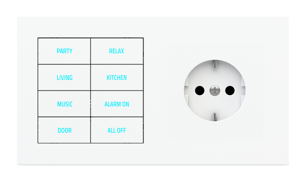 Ekinex 20venti · 8-fold pushbutton with backlit text/symbols, proximity sensor to be used with power sockets for 2-fold plate (60x55 mm module) · Устройство управления