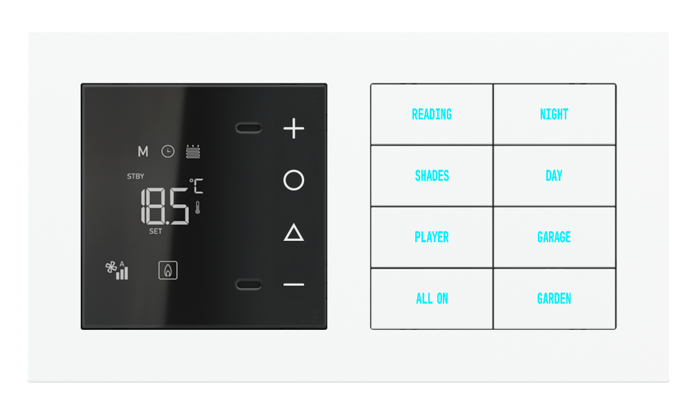 Ekinex 20venti · CLIMA CLASSIC room thermostat and 8-fold pushbutton with backlit text/symbols and proximity sensor for 2-fold plate · Կլիմայի կառավարում