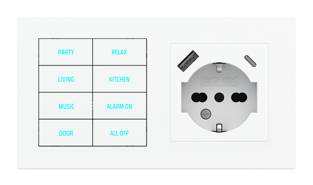 Ekinex 20venti · 8-fold pushbutton with backlit text/symbols, proximity sensor and socket point for 2-fold plate (60x55 mm module) - IT USB