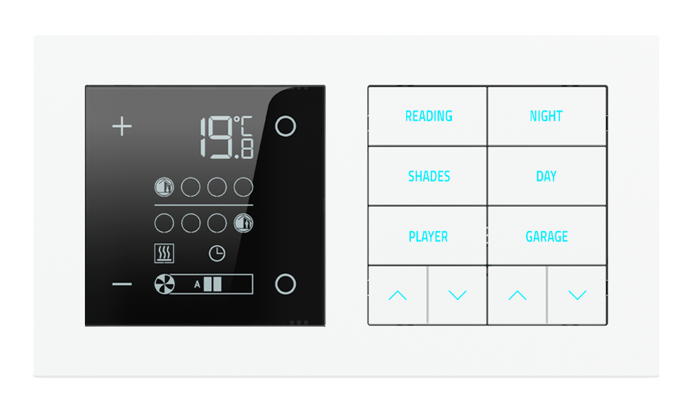 Ekinex 20venti · Room thermostat controller and 10-fold pushbutton with backlit text/symbols and proximity sensor for 2-fold plate · Управление климатом