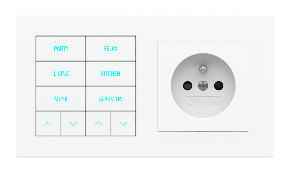 Ekinex 20venti · 10-fold pushbutton with backlit text/symbols, proximity sensor and socket point for 2-fold plate (60x55 mm module) - FR · Устройство управления