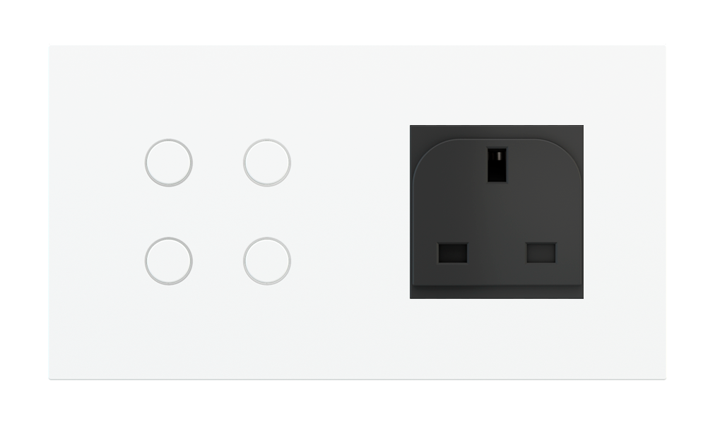 Ekinex Proxima · Rectangular Proxima series solution for a 4-fold button and a power socket - UK, UN · Устройство управления