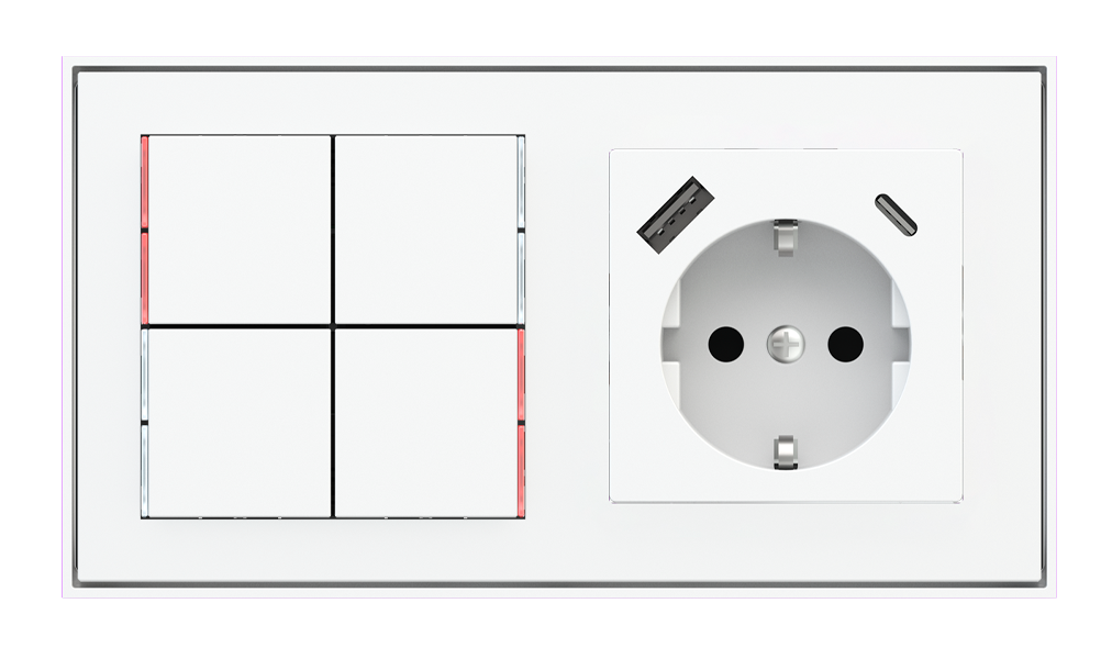 Ekinex 71 · Pushbutton with thermostat and socket point for 2-fold plate (60x55 mm module) - Schuko USB · Управление климатом