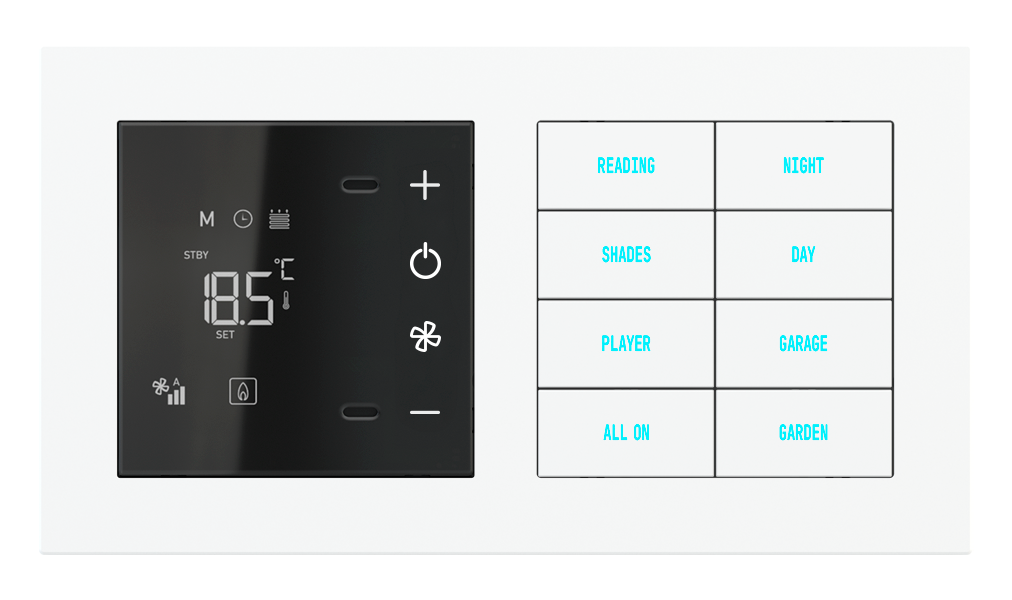 Ekinex 20venti · CLIMA EASY room thermostat and 8-fold pushbutton with backlit text/symbols and proximity sensor for 2-fold plate · Управление климатом