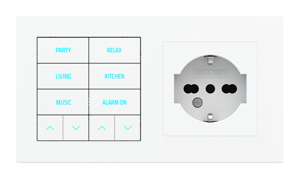 Ekinex 20venti · 10-fold pushbutton with backlit text/symbols, proximity sensor and socket point for 2-fold plate (60x55 mm module) - IT