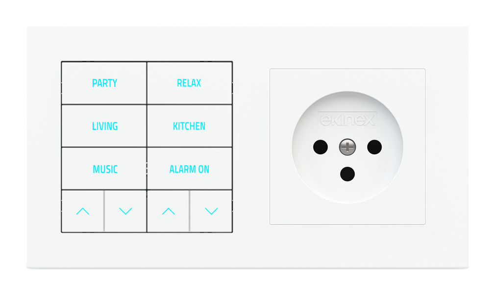 Ekinex 20venti · 10-fold pushbutton with backlit text/symbols, proximity sensor and socket point for 2-fold plate (60x55 mm module) - IL · Կառավարման սարք
