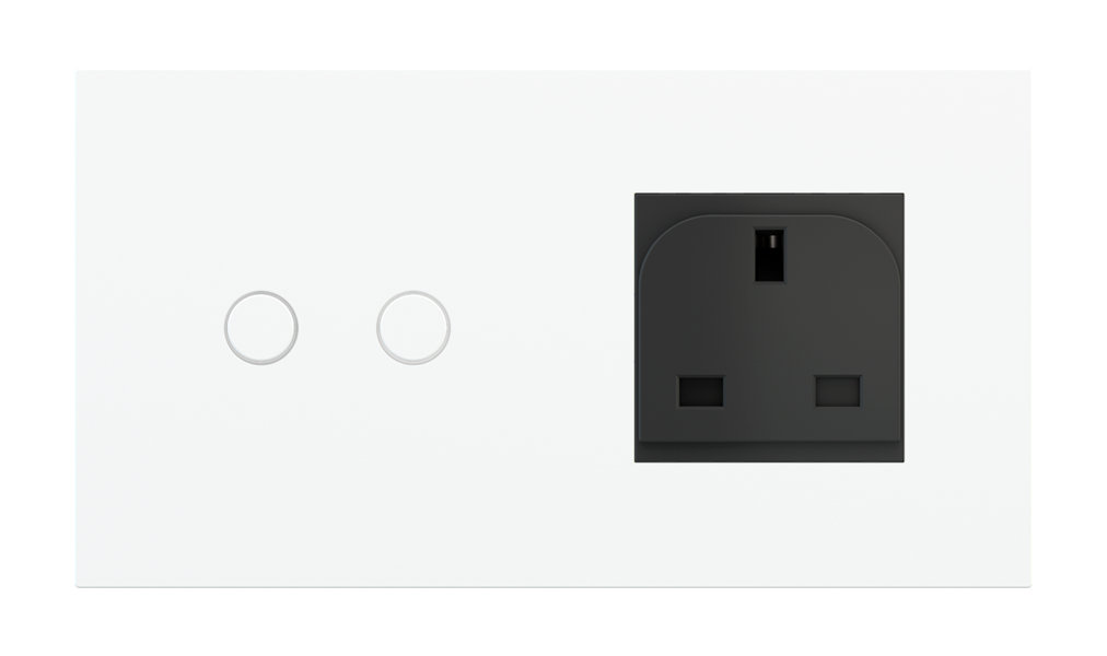 Ekinex Proxima · Proxima series rectangular solution for a 2-fold button and a power socket - UK, UN · Կառավարման սարք