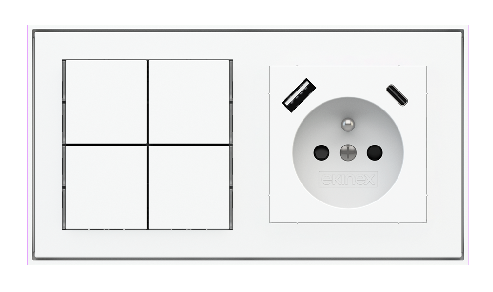 Ekinex 71 · Basic Pushbutton (NO LED) and socket point for 2-fold plate (60x55 mm module) - FR USB · Կառավարման սարք