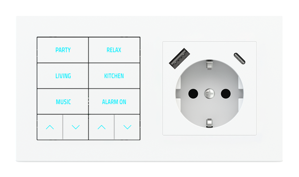 Ekinex 20venti · 10-fold pushbutton with backlit text/symbols, proximity sensor and socket point for 2-fold plate (60x55 mm module) - Schuko USB · Կառավարման սարք