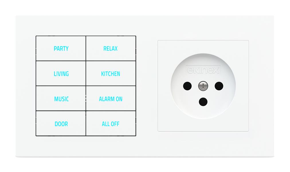 Ekinex 20venti · 8-fold pushbutton with backlit text/symbols, proximity sensor and socket point for 2-fold plate (60x55 mm module) - IL · Կառավարման սարք