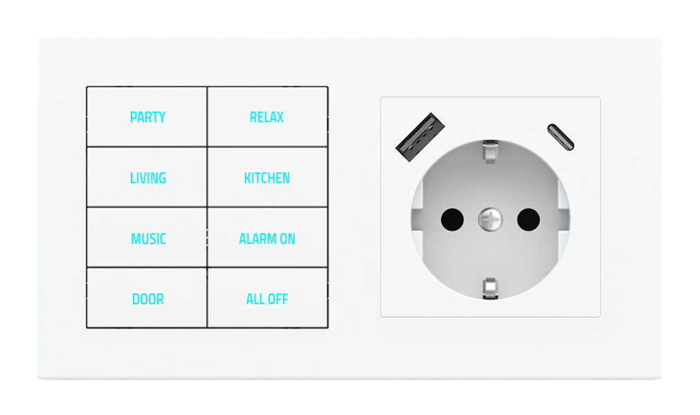 Ekinex 20venti · 8-fold pushbutton with backlit text/symbols, proximity sensor and socket point for 2-fold plate (60x55 mm module) - FR USB