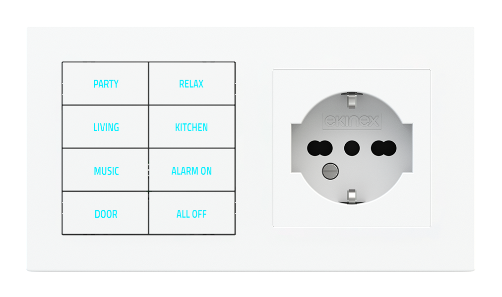 Ekinex 20venti · 8-fold pushbutton with backlit text/symbols, proximity sensor and socket point for 2-fold plate (60x55 mm module) - IT · Կառավարման սարք