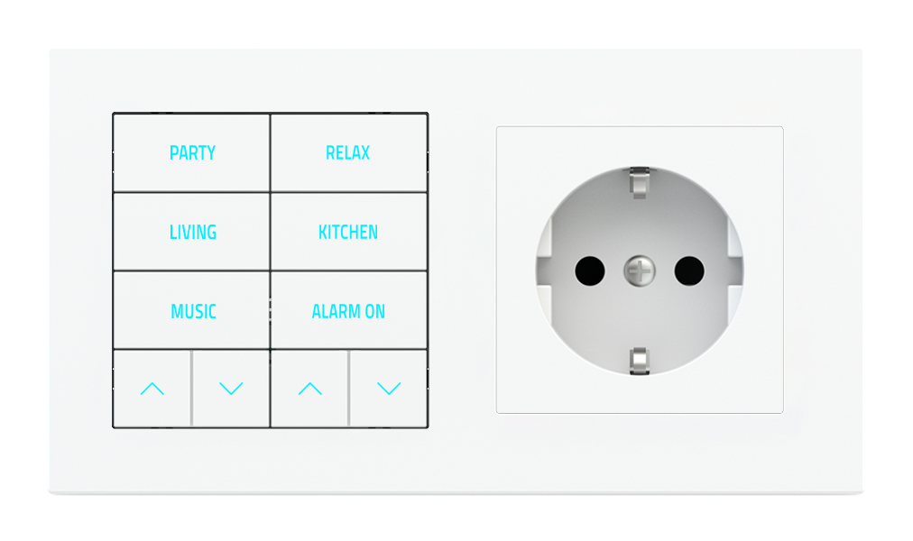 Ekinex 20venti · 10-fold pushbutton with backlit text/symbols, proximity sensor and socket point for 2-fold plate (60x55 mm module) - Schuko · Կառավարման սարք