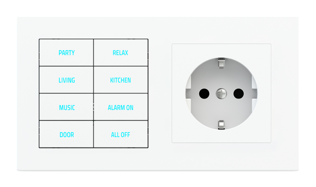 Ekinex 20venti · 8-fold pushbutton with backlit text/symbols, proximity sensor and socket point for 2-fold plate (60x55 mm module) - Schuko · Կառավարման սարք