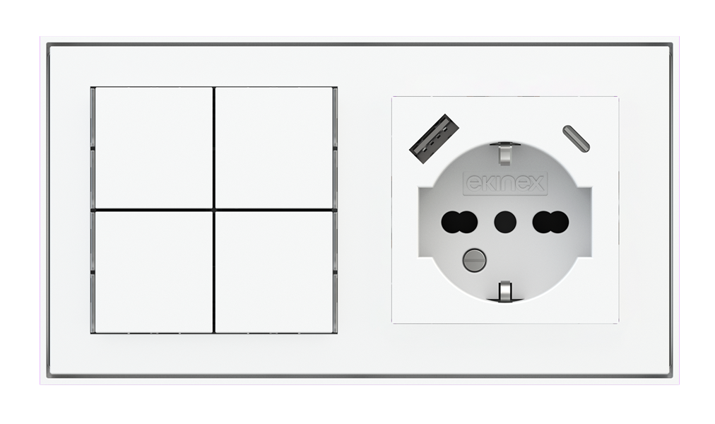 Ekinex 71 · Basic Pushbutton (NO LED) and socket point for 2-fold plate (60x55 mm module) - IT USB · Կառավարման սարք