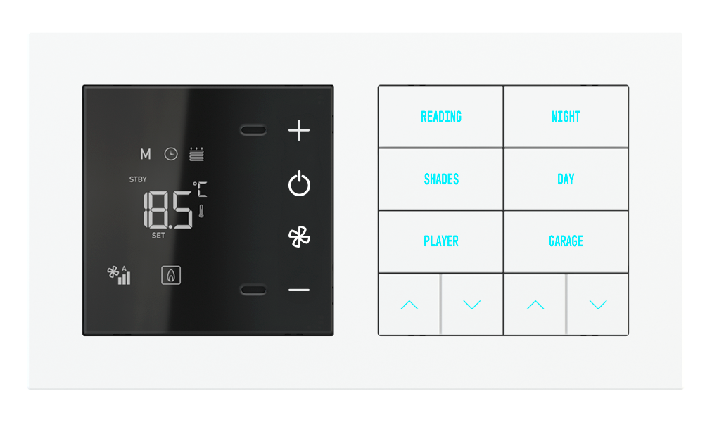 Ekinex 20venti · CLIMA EASY room thermostat and 10-fold pushbutton with backlit text/symbols and proximity sensor for 2-fold plate · Կլիմայի կառավարում