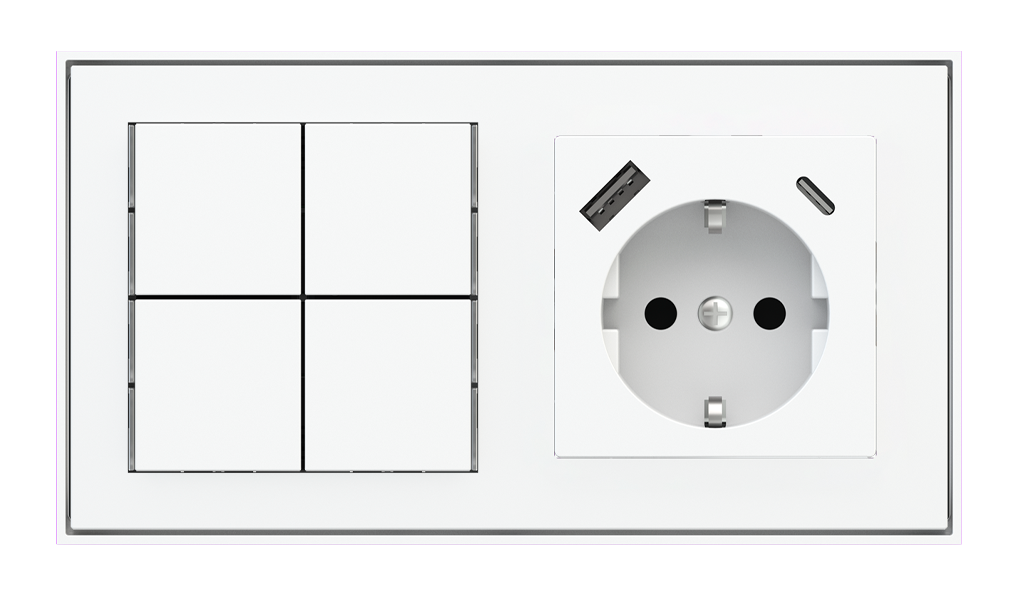 Ekinex 71 · Basic Pushbutton (NO LED) and socket point for 2-fold plate (60x55 mm module) - Schuko USB · Կառավարման սարք