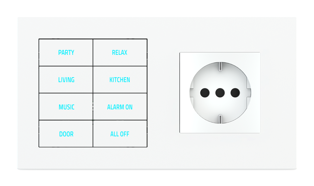 Ekinex 20venti · 8-fold pushbutton with backlit text/symbols, proximity sensor to be used with power sockets for 2-fold plate (60x45 mm module) · Կառավարման սարք